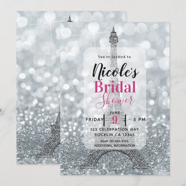 Convites Prata Brilho Sparkle Torre Eiffel Chá de Noiva (Frente/Verso)