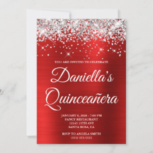 Convites Prata Brilho Vermelho Brilhante Quinceañera em Fol