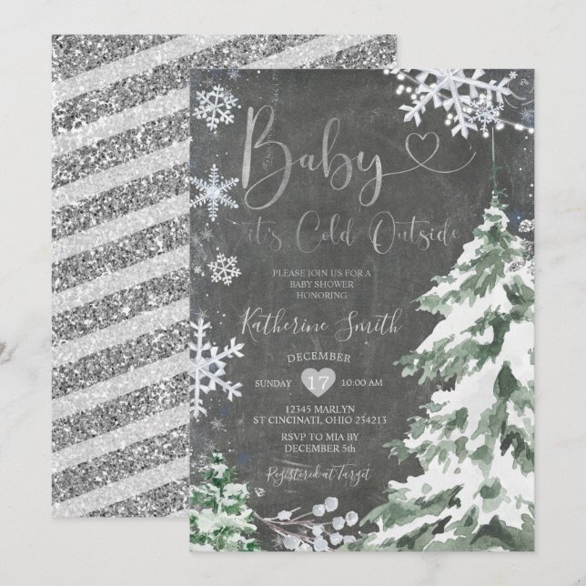 Convites Prata Chá de fraldas de inverno a frio (Frente/Verso)