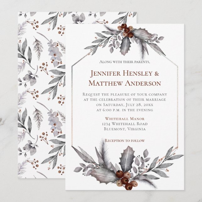 Convites Prata, Cinza Azul, Casamento no inverno Castanho R (Frente/Verso)