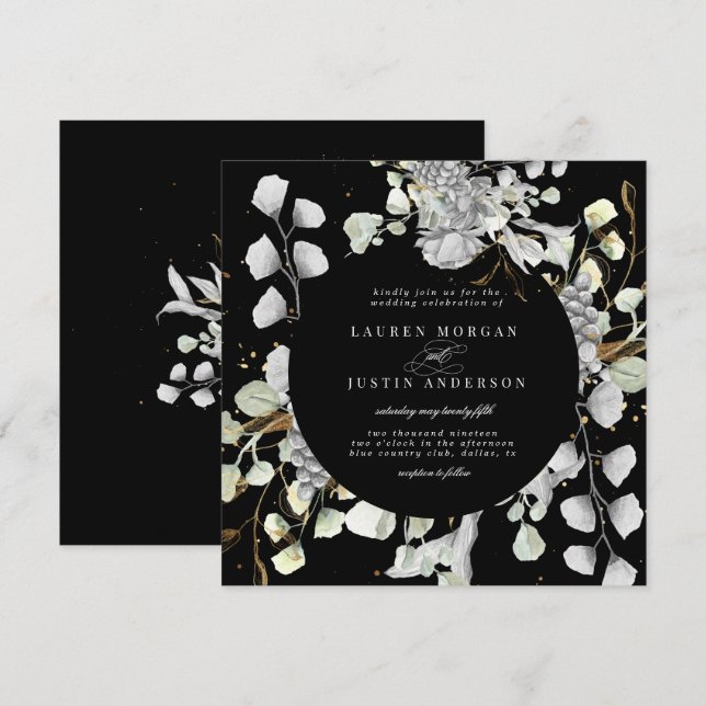 Convites prata de ouro floral quadrado (Frente/Verso)