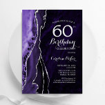 Convites Prata de Prata Roxa 60º Aniversário<br><div class="desc">Roxo e prata agam 60º convite de aniversário. Elegante design moderno com aquarela agate marble geode background,  faux glitter prata e tipografia. Trendy convida o cartão perfeito para uma comemoração de dia das mulheres na moda. Impressos convites Zazzle ou modelo de impressão digital instantânea para download.</div>