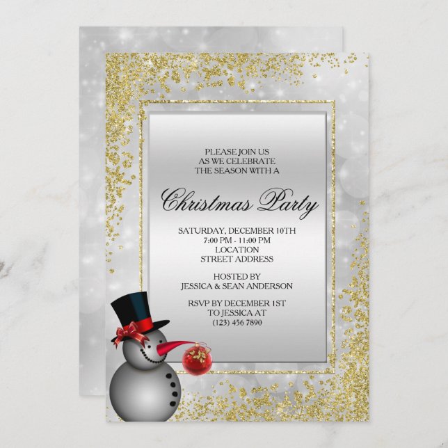 Convites Prata Decorativa Snowman e Dourado Natal (Frente/Verso)