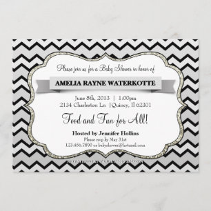 Convites Prata do brilho e chá de fraldas preto de Chevron