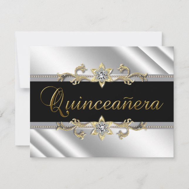 Convites Prata Dourado Preto Quinceanera (Frente)