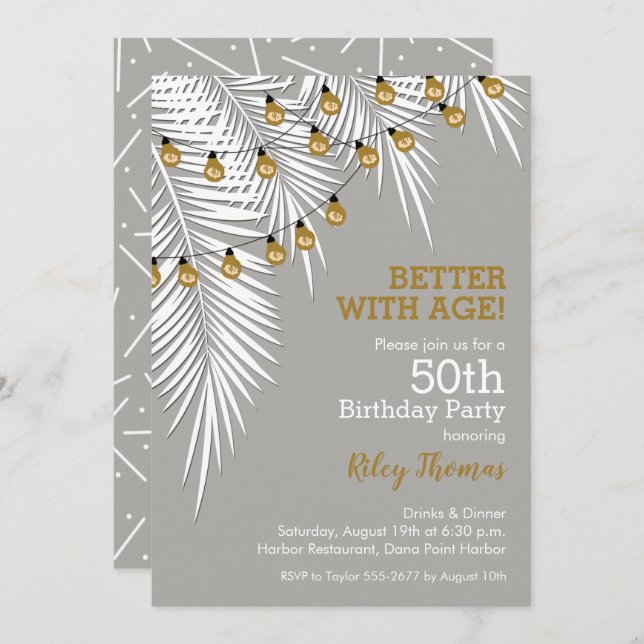 Convites Prata e 50 Palmas de aniversário Douradas (Frente/Verso)