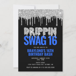 Convites Prata e Blue Drippin Swag 16 Aniversário