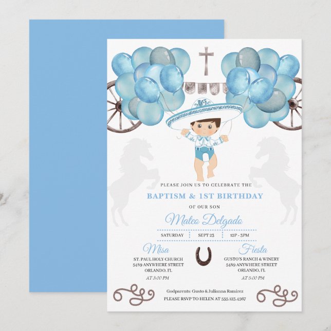 Convites Prata e Blue Mexicano Baby Boy Charro Baptism (Frente/Verso)