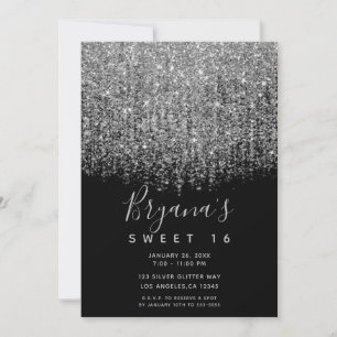 Convites Prata e Preto Brilhante Glitter Festa de 16 Anos D