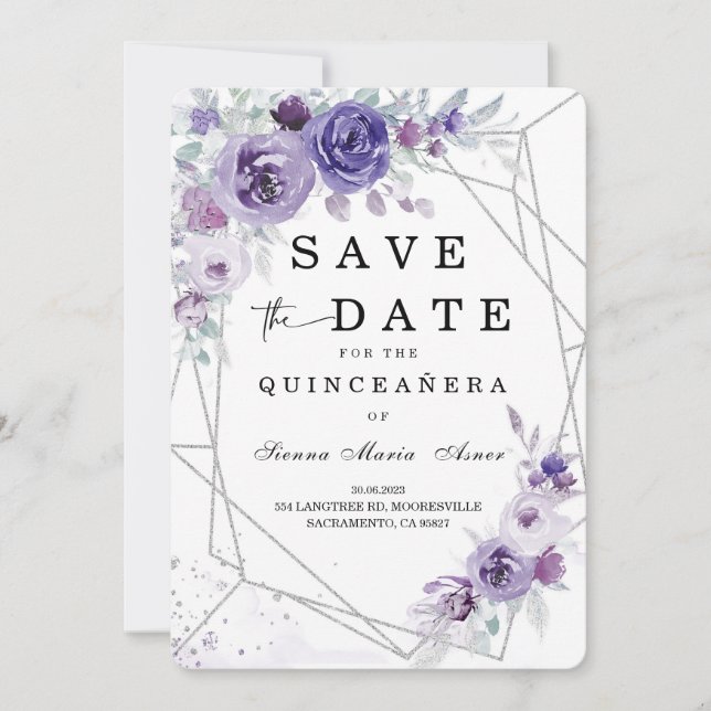 Convites Prata e Roxo Salve a Data Quinceañera (Frente)