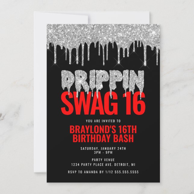 Convites Prata e Vermelho Drippin Swag 16 Aniversário  (Frente)