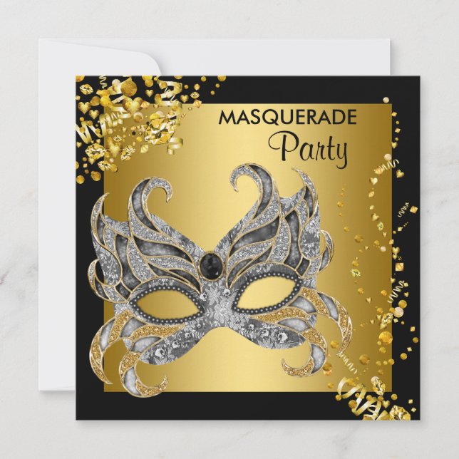 Convites Prata Elegante e Partido Mascarada Dourado (Frente)