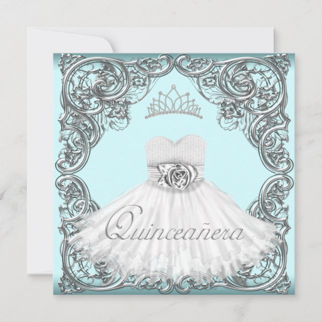 Convites Prata Elegante e Quinceanera Azul Teal (Frente)
