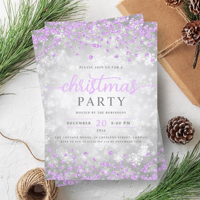 Convites Prata Elegante Inverno Diamantes de Natal Roxo (Elegant Silver Winter Diamonds Christmas Purple Invitation)