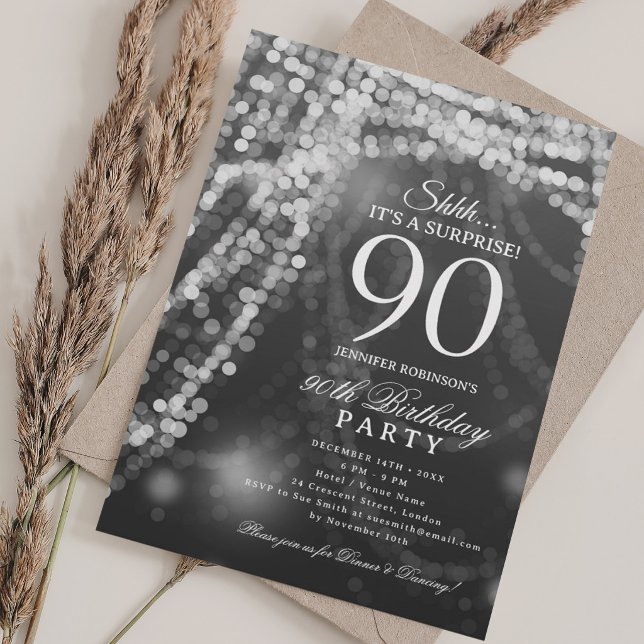 Convites Prata | Festa Surpresa de 90 Anos  (Silver | Surprise 90th Birthday Party Invitation)