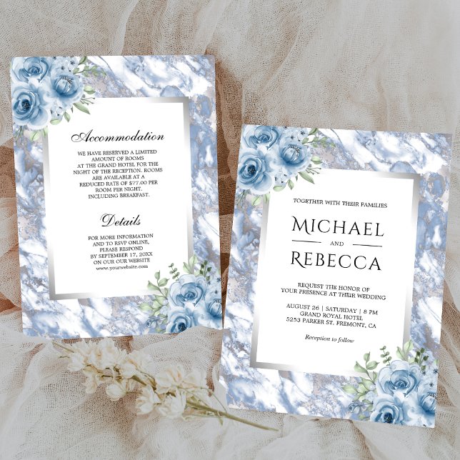 Convites Prata Floral Azul Dusty Marble Tudo em Um Casament (Criador carregado)