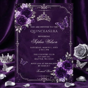 Convites Prata Floral Borboleta Roxa Quinceañera