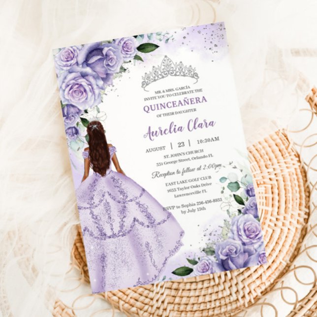 Convites Prata Floral de Lavanda Roxa Quinceañera Sweet 16 (lavender-lilac-purple-floral-quinceanera-princess-dress-silver-15-sweet-16-birthday-invitation-card)