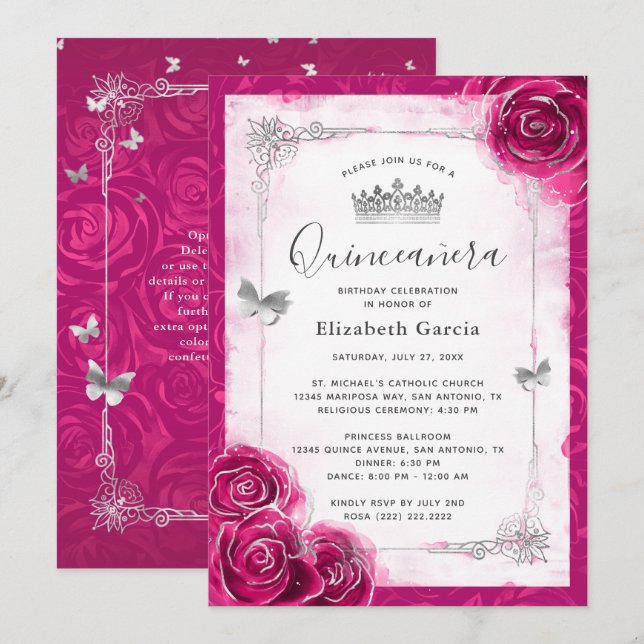 Convites Prata Floral Elegante e Fuchsia Quinceanera (Frente/Verso)