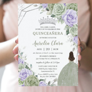 Convites Prata Floral Púrpura Suave Quinceañera