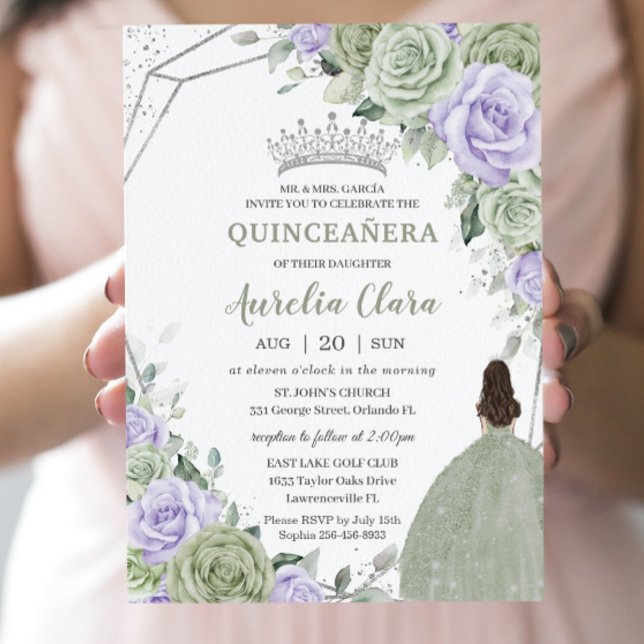 Convites Prata Floral Púrpura Suave Quinceañera (Criador carregado)