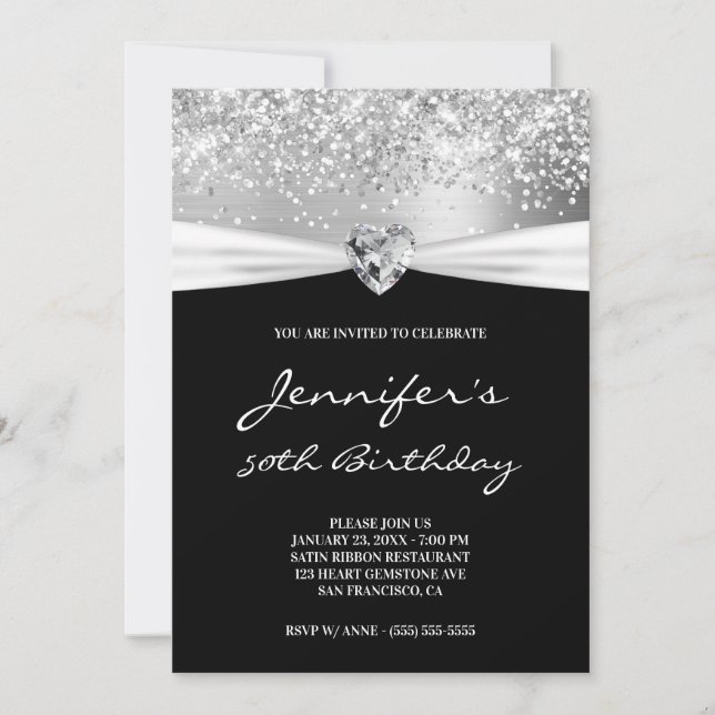 Convites Prata Glitter Foil Gem Coração Aniversário de 50 a (Frente)
