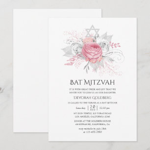 Convites Prata Iridescente e Rosa Floral Bat Mitzvah