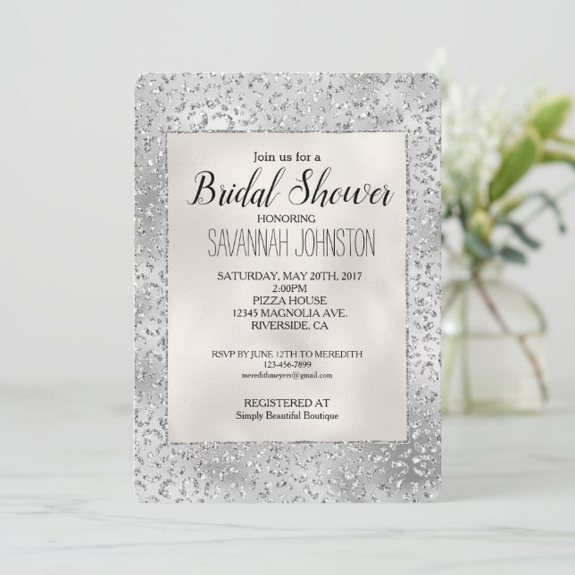 Convites Prata Leopardo Imprime Luxo Bridal   (Em pé/Frente)