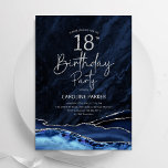 Convites Prata Marinho Azul 18º Aniversário<br><div class="desc">Marinho azul e prata agate 18º convite de aniversário. Elegante design moderno com cor azul-real de água agate marble geode fundo, faux glitter prata e script de tipografia. Trendy convida o cartão perfeito para uma comemoração de dia das mulheres na moda. Impressos convites Zazzle ou modelo de impressão digital instantânea...</div>