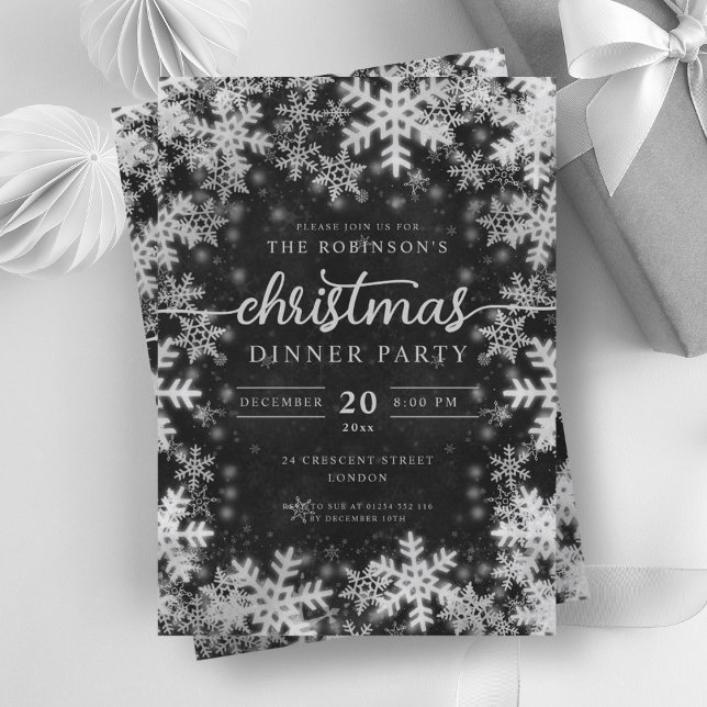 Convites Prata Moderna de inverno Maravilha Preta (Modern Silver Winter Wonderland Christmas Black Invitation)