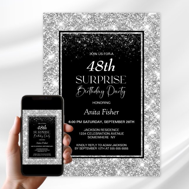 Convites Prata Negra Qualquer Festa de aniversário Surpresa (Criador carregado)