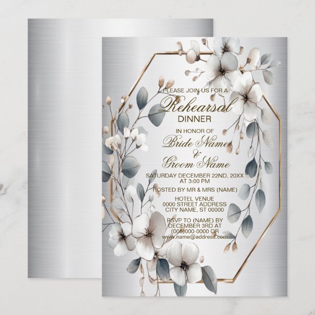 Convites Prata-Ouro das flores brancas Jantadas de ensaio (Frente/Verso)