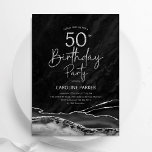 Convites Prata preta agate 50º aniversário<br><div class="desc">Preto e prata agam 50º convite de aniversário. Elegante design moderno com aquarela agate marble geode background,  faux glitter prata e tipografia. Trendy convida o cartão perfeito para uma comemoração de dia das mulheres na moda. Impressos convites Zazzle ou modelo de impressão digital instantânea para download.</div>