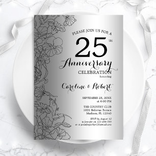 Convites Prata Preto Floral 25º Aniversário