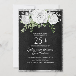 Convites Prata Preto Floral Branco 25º Aniversário de Casam