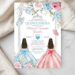 Convites Prata Rosa & Azul Pastel Borboleta Quinceañera