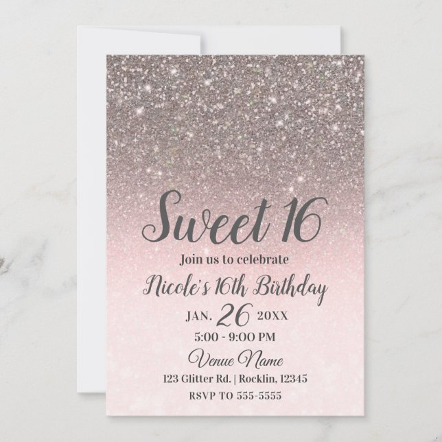 Convites Prata & Rosa Bege Brilho Brilho Glam Sweet 16 (Frente)