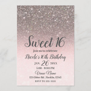 Convites Prata & Rosa Bege Brilho Brilho Glam Sweet 16