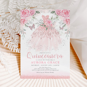Convites Prata rosa bonito Quinceañera Princesa Vestida