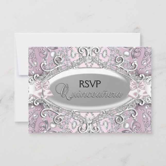 Convites Prata & Rosa Damask Pérola Quinceanera RSVP (Frente)