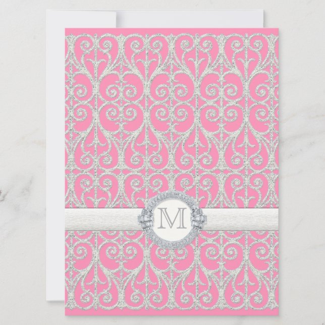 Convites Prata Rosa, Diamantes e rendas, Casamento Monogram (Frente)