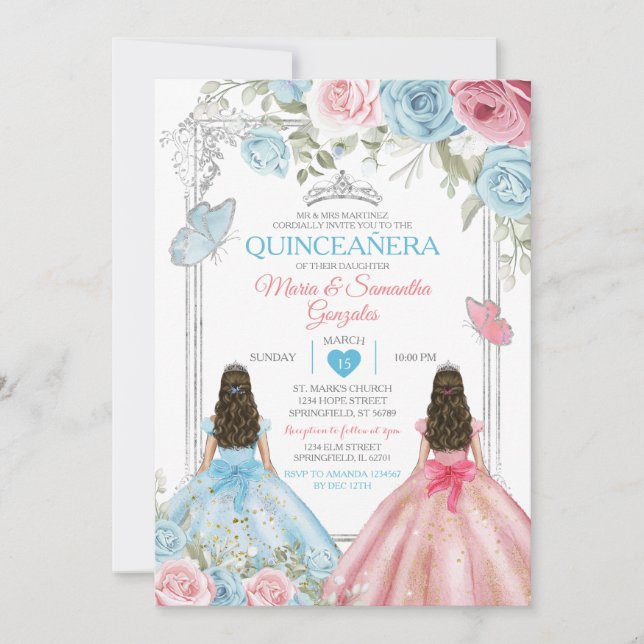 Convites Prata Rosa e Pastel Borboleta Azul Quinceañera (Frente)