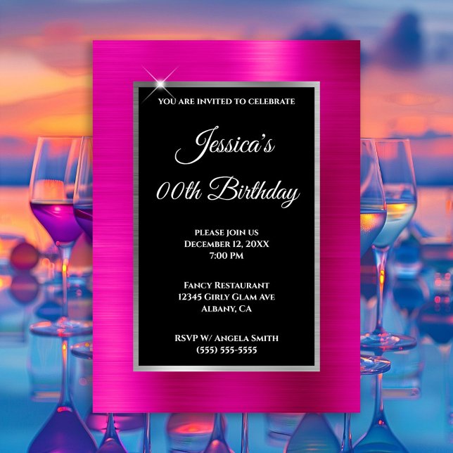 Convites Prata rosa quente e aniversário preto (Hot pink silver and black any year birthday invitation.)