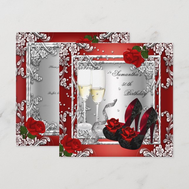 Convites Prata Rosa vermelha 50ª Festa de aniversário (Frente/Verso)