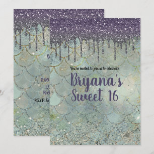 Convites Prata Roxo Brilho Gotejante Sereia Doce Festa de 1
