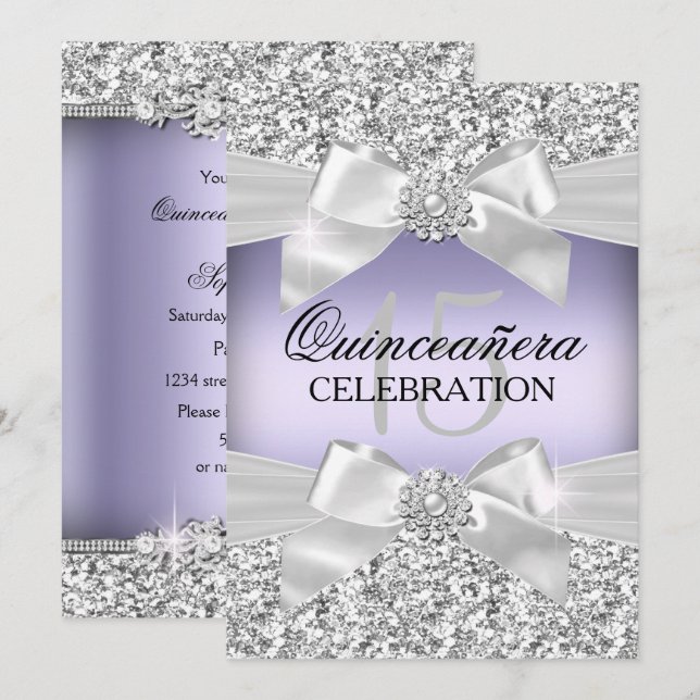 Convites Prata Roxo Brilho Jóia Arco Quinceanera (Frente/Verso)
