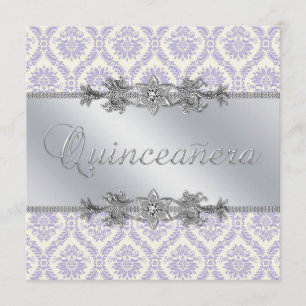 Convites Prata Roxo Damask Quinceanera