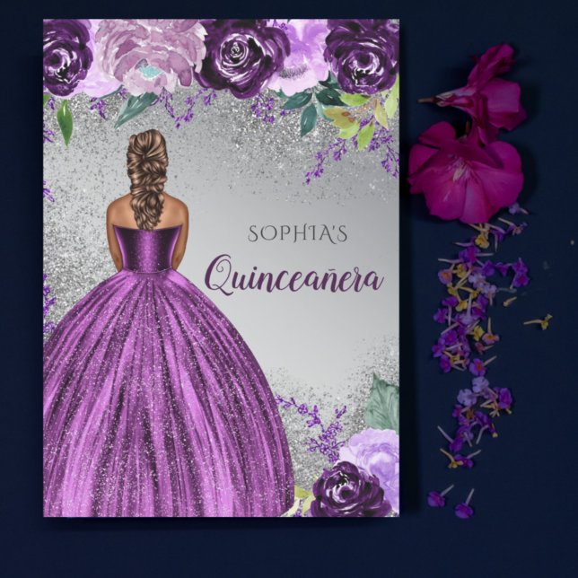 Convites Prata Roxo Vestido Quinceañera Quince (Criador carregado)