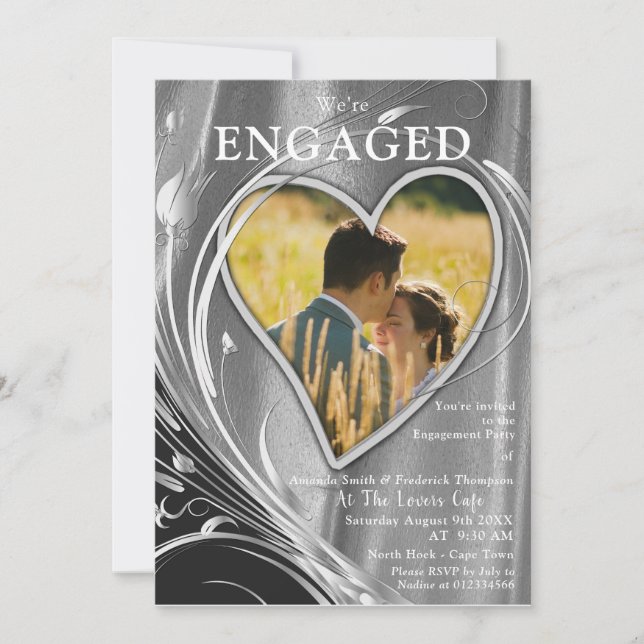 Convites Prata Satin & Noivado de flor prata (Frente)