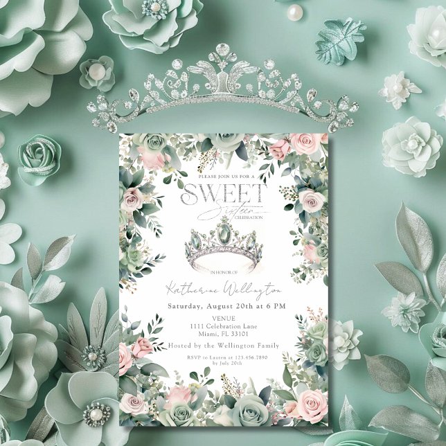 Convites Prata Verde Rosa Floral Tiara Coroa Palha 16 (Sage Green Pink Floral Tiara Crown Silver Sweet 16 Invitation)